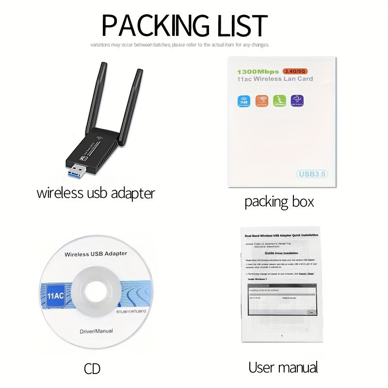 Windows MacOS uchun 5dBi antennalar bilan 1300Mbps Dual Band USB WiFi adapteri