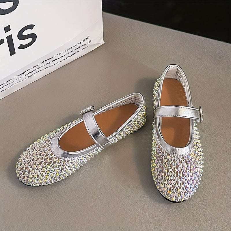 Women's Woven Lace Fishnet Flat Mary Jane Shoes with Rhinestones