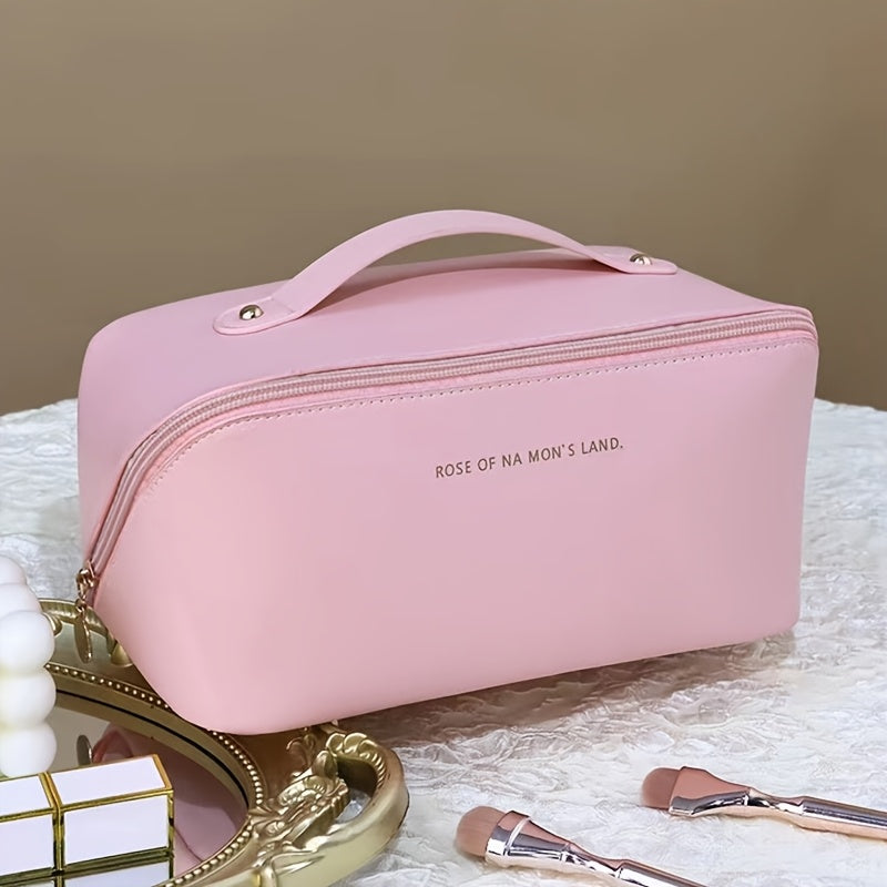 Travel Makeup Bag with Dividers and Handle Beige PU Multi-Compartment Organizer for Women