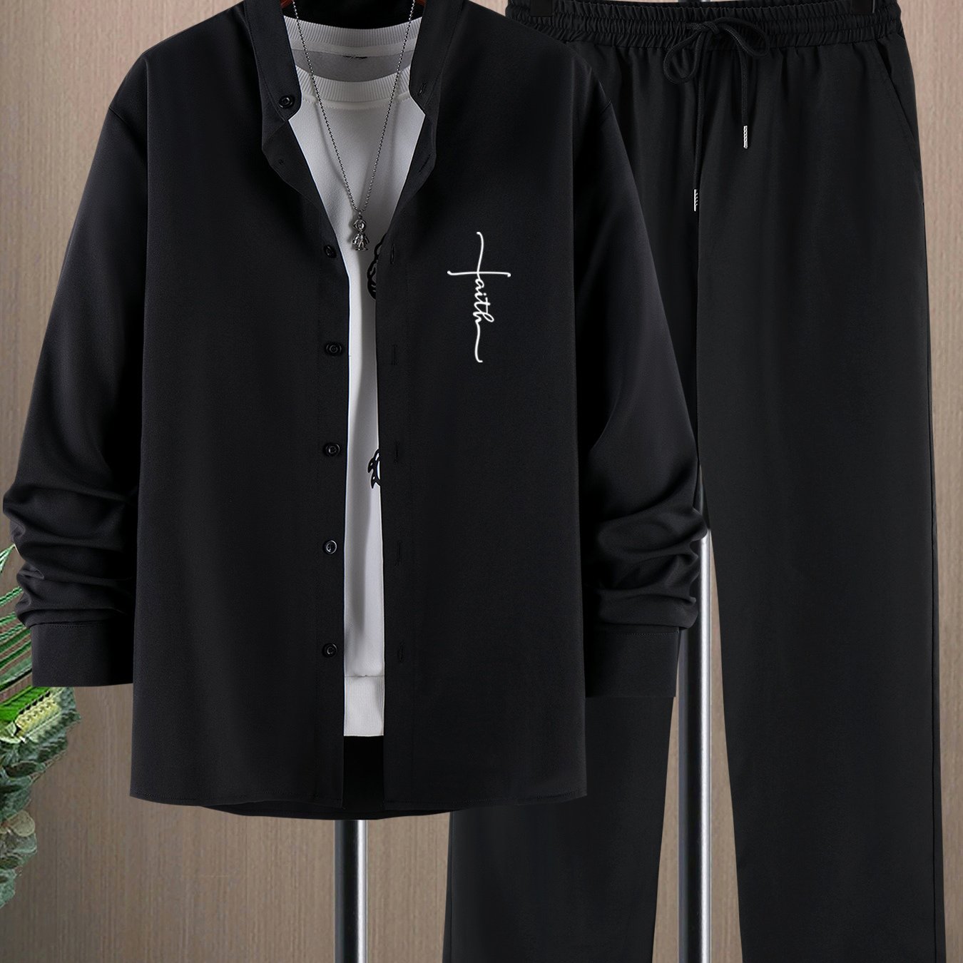 Men's Casual Suit with Printed Stand-Up Collar Polyester Geometric Pattern