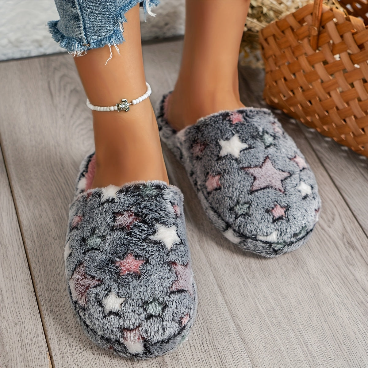 Women’s Plush Star Pattern Slippers Soft Pink Black Indoor Home Shoes