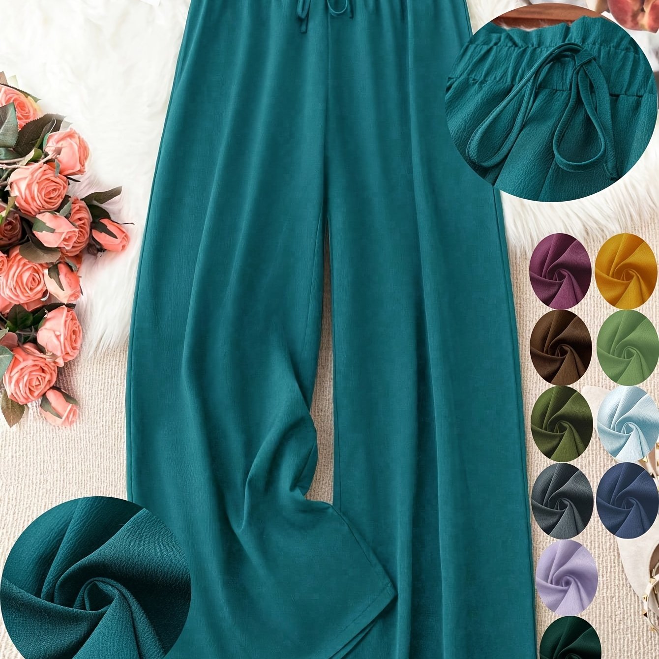 Plus Size Woven Fabric Straight Leg Pants with Drawstring Waist for Spring and Summer