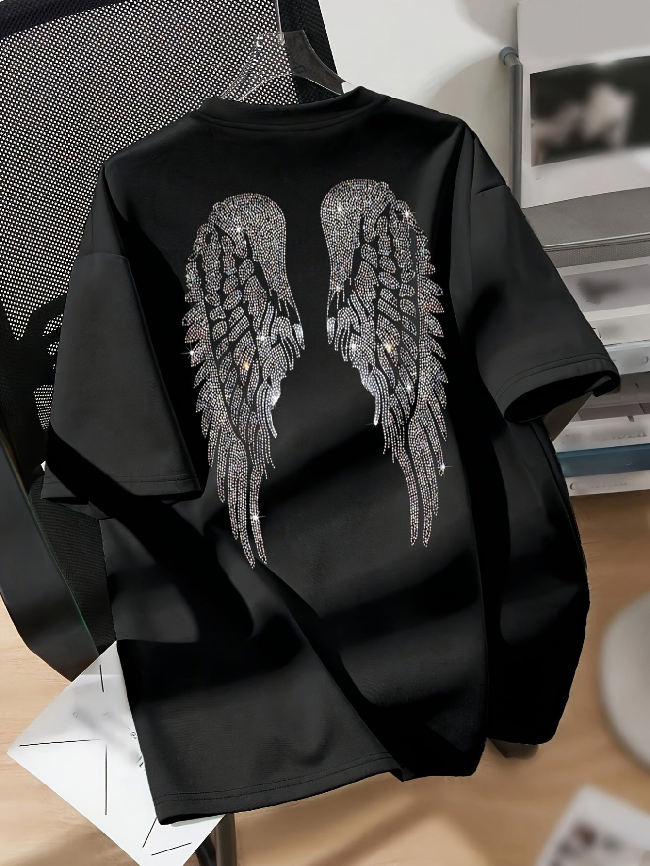 White Graphic T-Shirt for Women with Angel Wings Design Casual Crew Neck Short Sleeve Polyester Blend