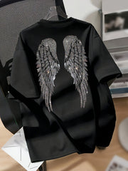 White Graphic T-Shirt for Women with Angel Wings Design Casual Crew Neck Short Sleeve Polyester Blend