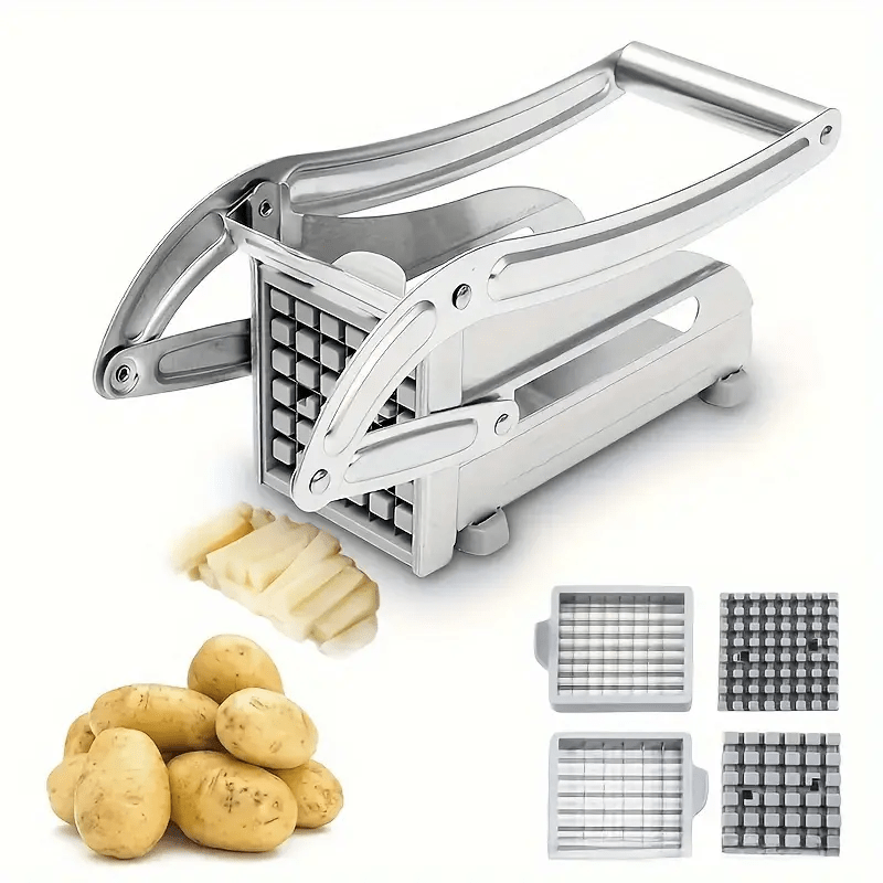 Qoʻlda kesish uchun ikki pichoq bilan stainless steel French fry cutter, kartoshka va boshqa meva va sabzavotlarni kesish uchun. Barqarorlik uchun yopishmaydigan asos. Uy va professional oshxonalarga mos.