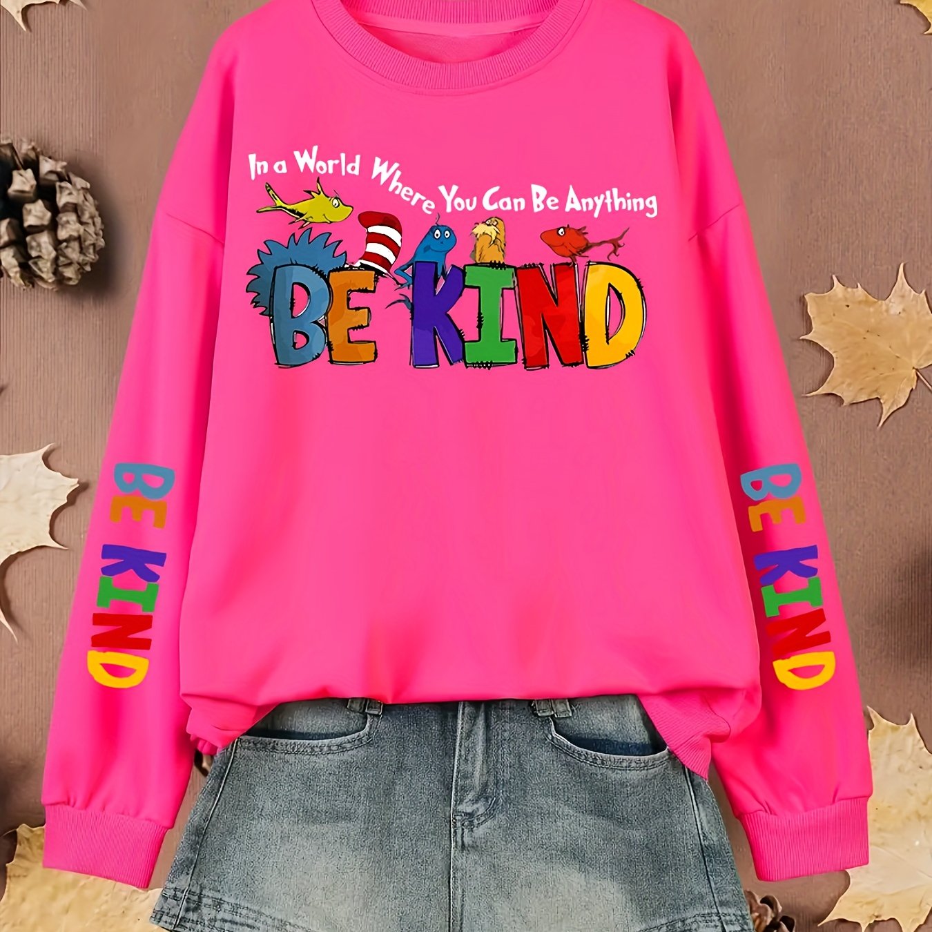 Plus Size Women's Casual Print Pullover Sweatshirt Long Sleeve Crew Neck