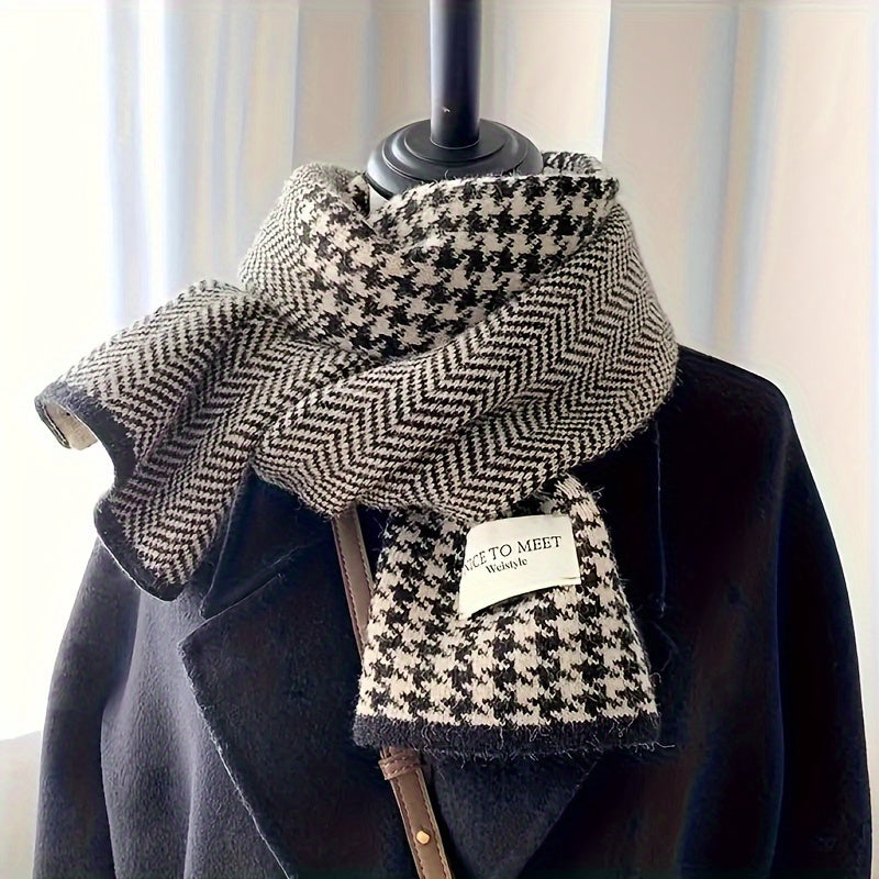 Black and White Houndstooth Scarf Thick Cozy Winter Fleece Wrap