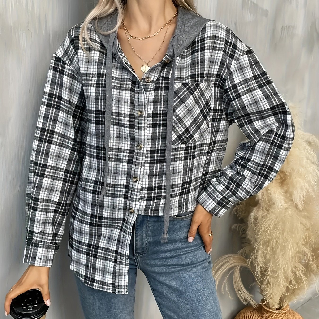 Women's Plaid Hooded Blouse Casual Fall Spring Drawstring Weekend Wear