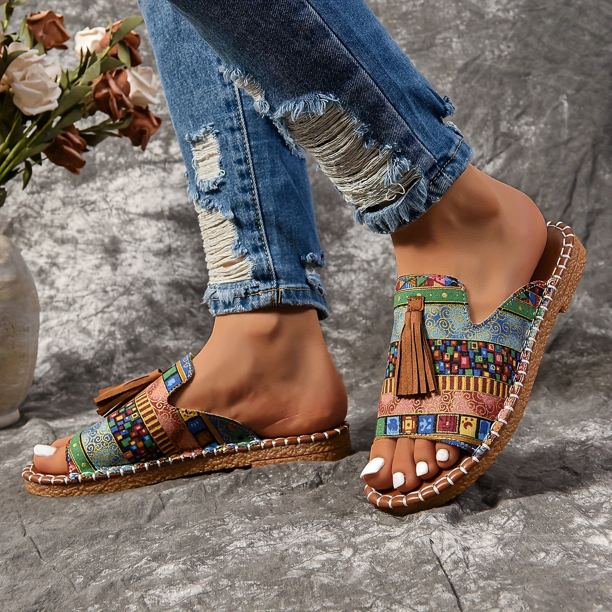 Women's Bohemian Flat Sandals with Tassels, Rubber Soles, Hand Washable