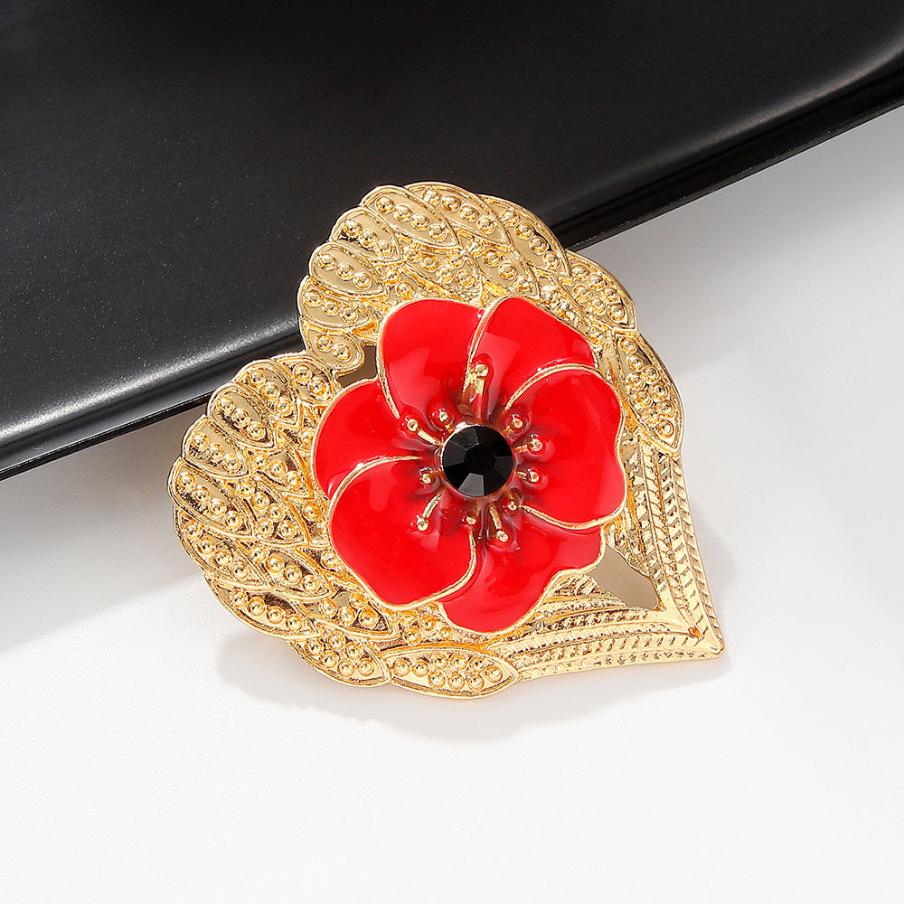 Enamel Heart-Shaped Poppies Brooch with Unique Accents for Women