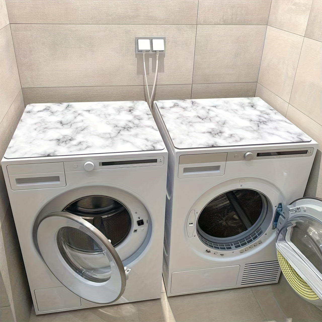 White Marble Printed Washing Machine Dryer Dust Cover Water Absorbent Sun Protective