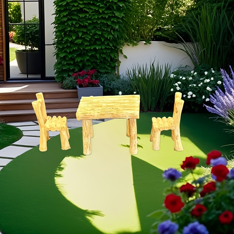 Mini Woodland Table and Chair Set, Rustic Fairy Garden Furniture, Indoor Outdoor Decor