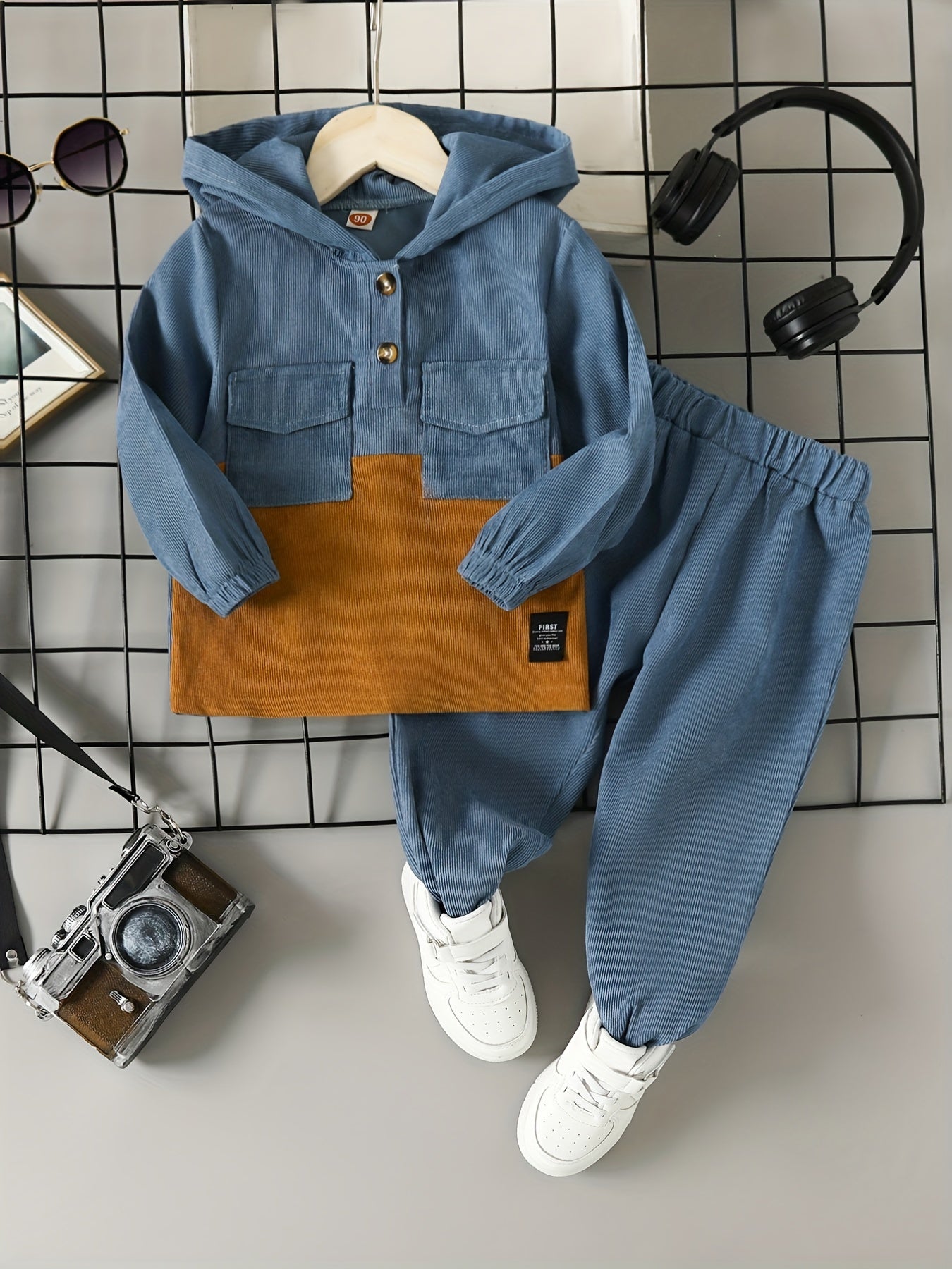 Boys Kids Corduroy Hoodie and Pants Set Brown Beige Fall Winter Casual Machine Washable