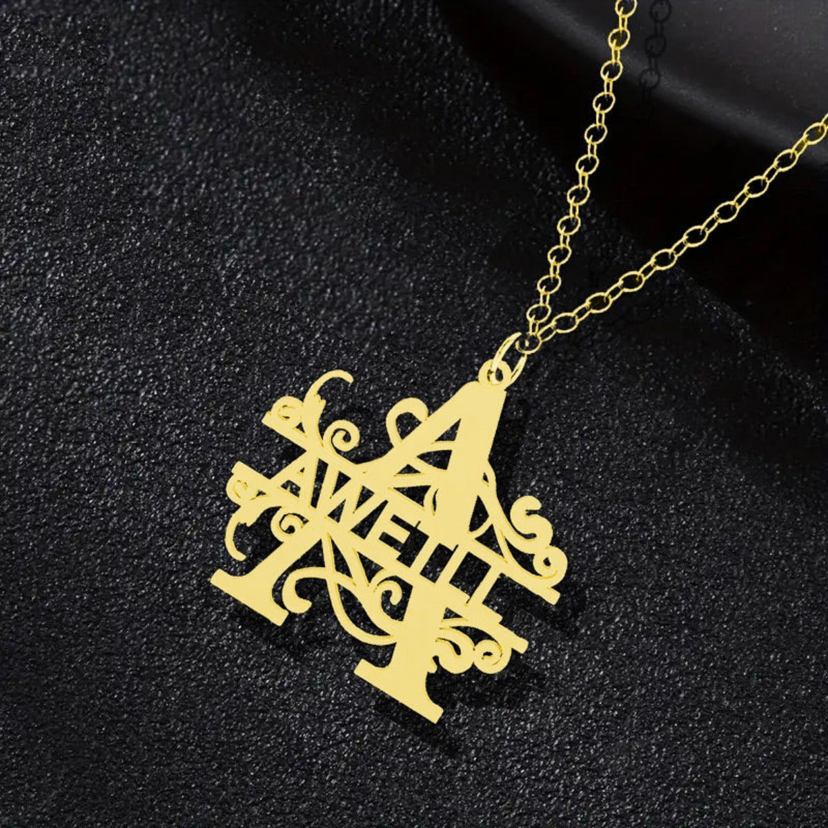 Personalized Initial Pendant Necklace Stainless Steel 18K Gold Plated Family Name Wreath