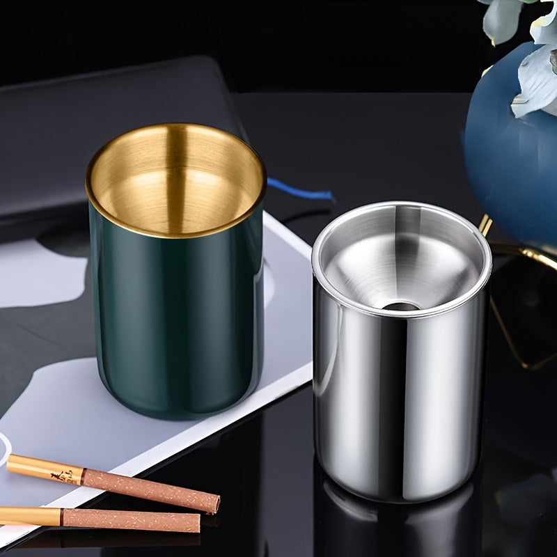 Stainless Steel Ashtray with Gold Rim Windproof Smokeless Indoor Outdoor