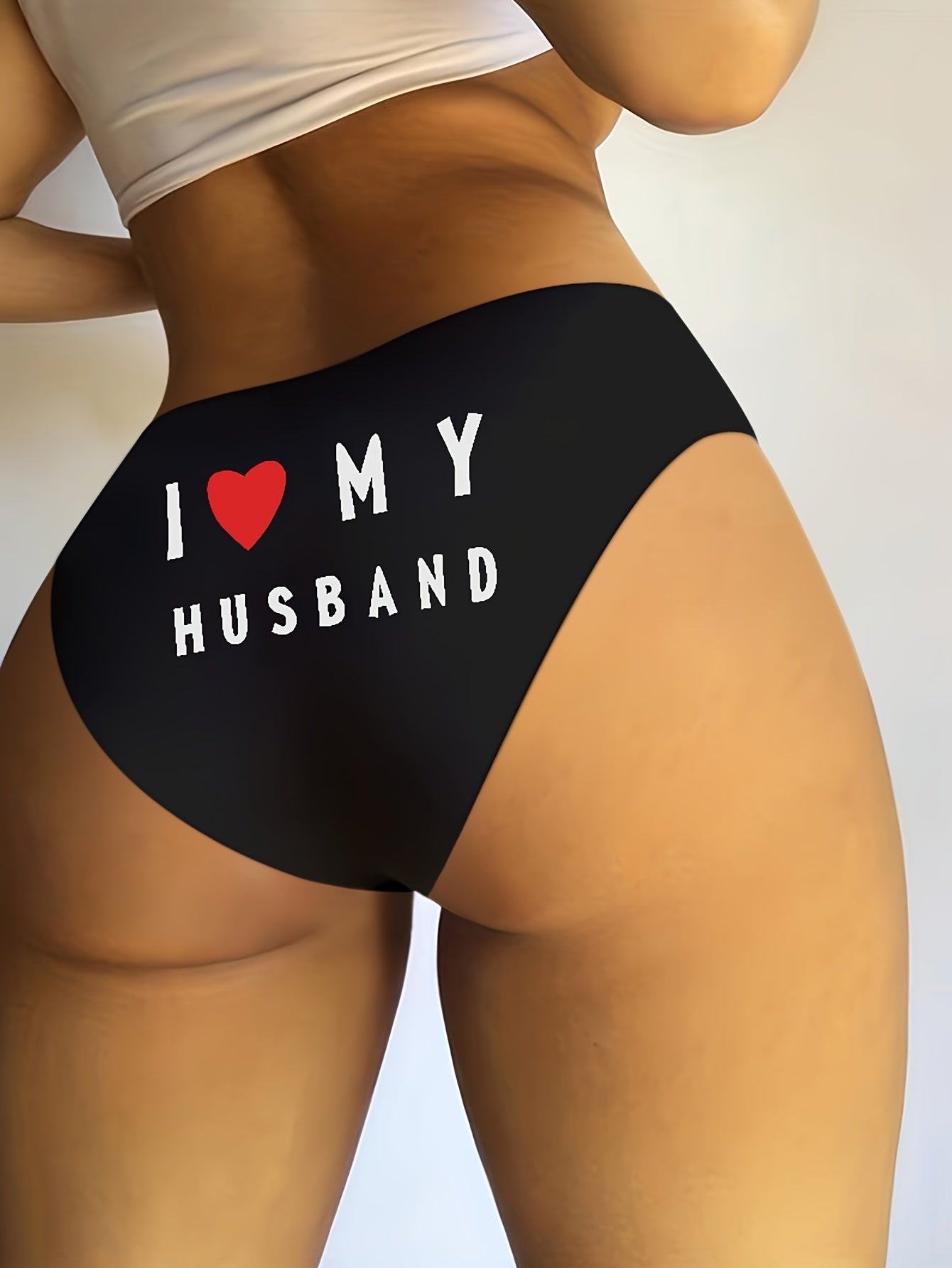 Black Nylon Triangle Thong Lingerie with Glitter Gold I Love My Husband Message