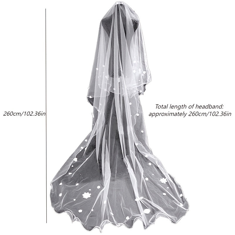 Elegant Bridal Veil with Heart-Shaped Flower Accents Long Tulle Wedding Veil with Yarn Fringe and Starry Sky Design