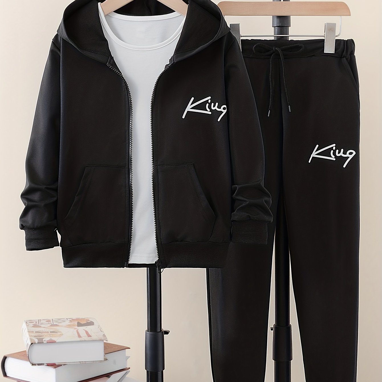 Boys' Black Zip-Up Hoodie and Joggers Set Casual Fall Winter Polyester