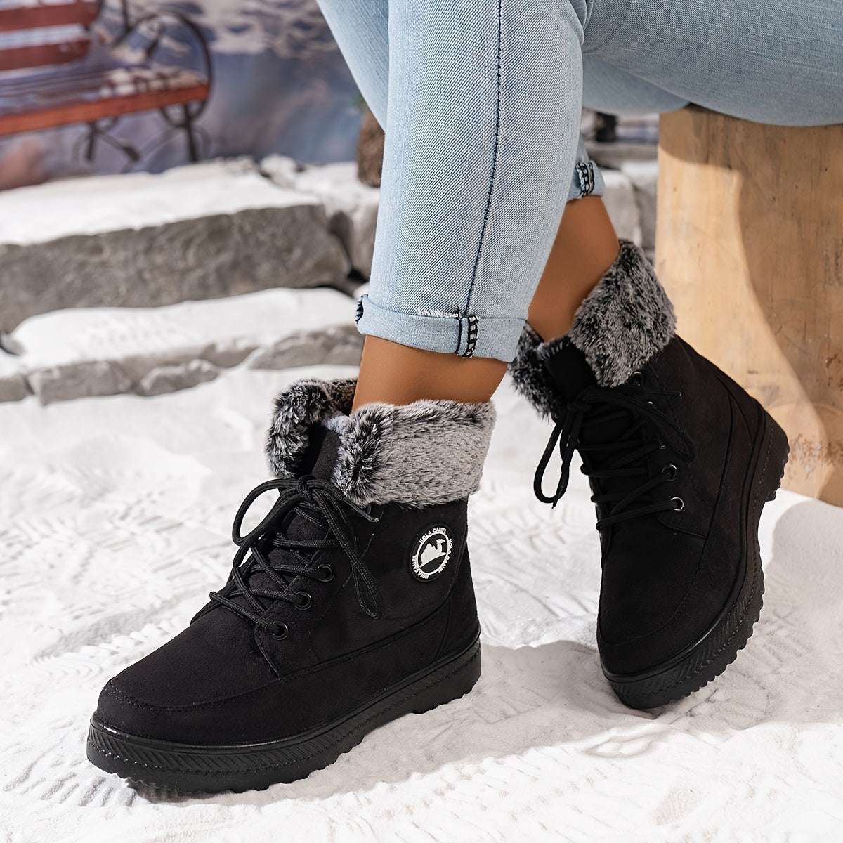 Ladies Winter Faux Leather Lace-Up Snow Boots Waterproof Anti-slip