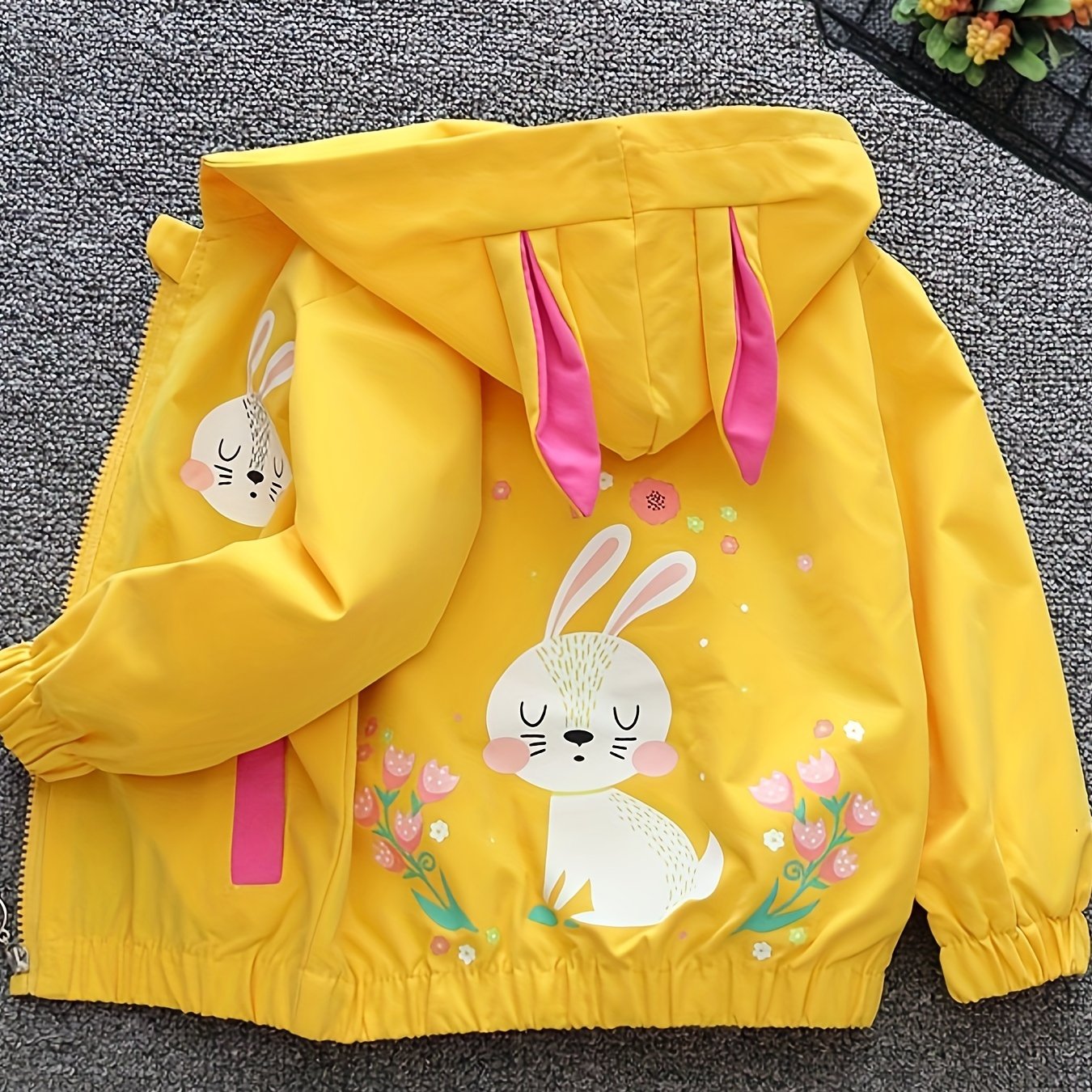 Girls' Hooded Coat with Rabbit and Flower Design for Spring and Fall Outdoor Activities