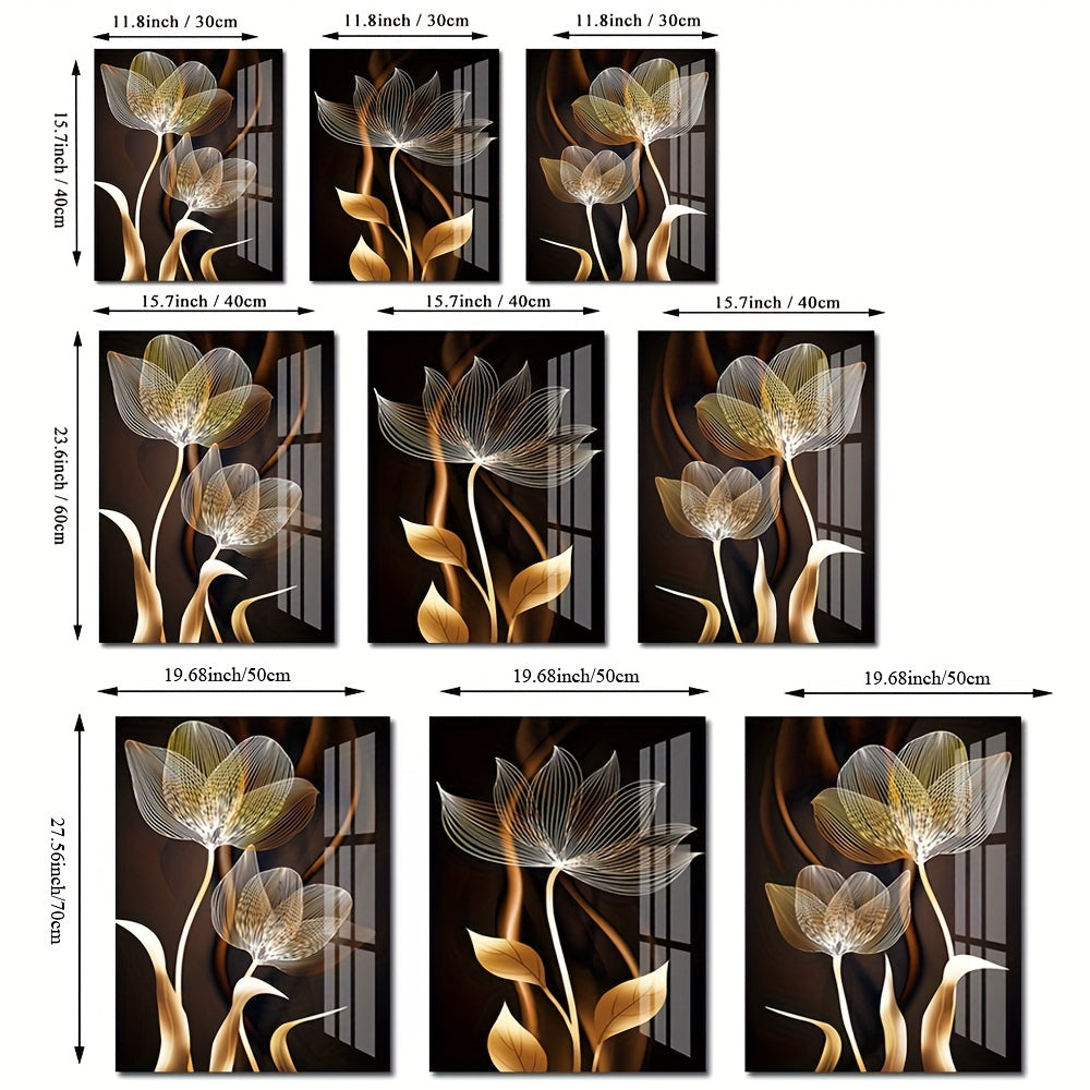 Conjunto de arte de pared abstracto moderno en lienzo con flores en negro, marrón y dorado para decoración de sala de estar, sin marco
