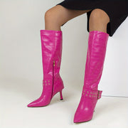 Women's Solid Color Dress Boots With Side Zipper and Buckle