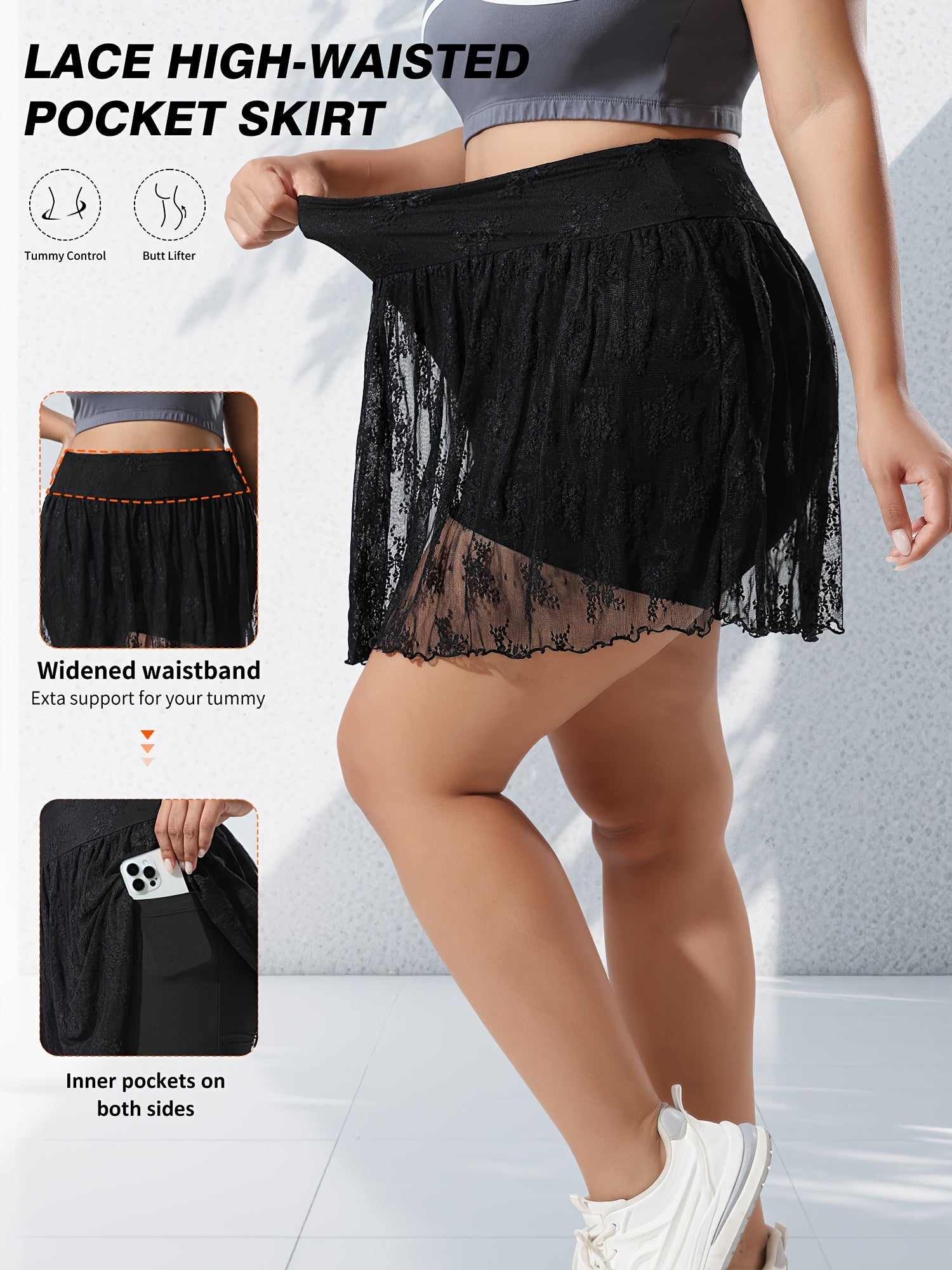 Plus Size Women's Flared Lace-Trimmed Skirt Shorts with Pockets for Casual & Yoga