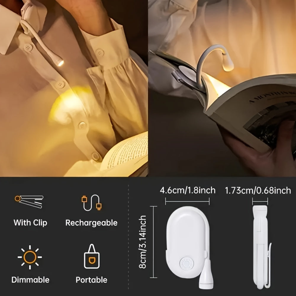LED klip o'qish chirog'i, 3 rang, 3 yorqinlik darajasi, USB zaryadlash, sozlanadigan quloq, uzoq muddatli batareya - tun o'qish uchun mukammal, stol chirog'i.