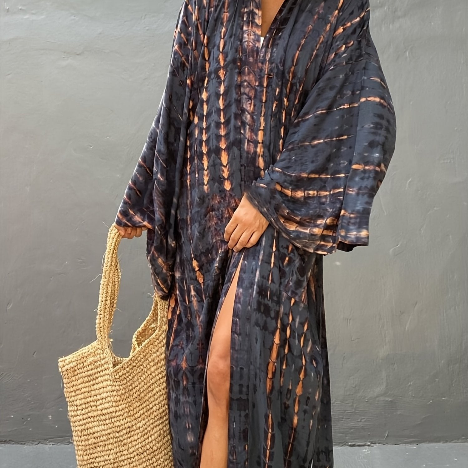 Kimono boho de viscosa para mujer con estampado a rayas, abertura frontal y cinturón para vacaciones en la playa