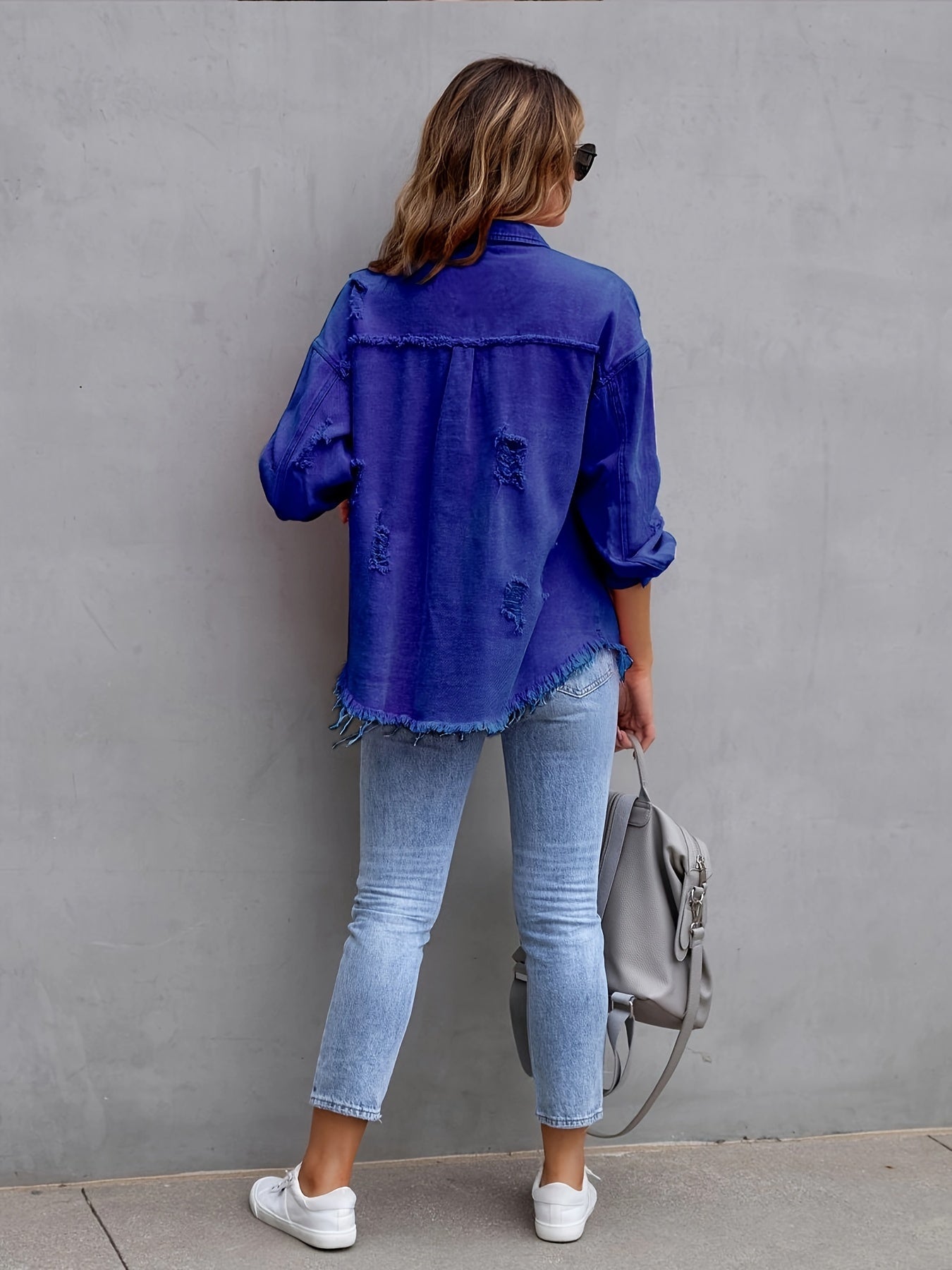 Women's Plus Size Distressed Retro Denim Jacket with Raw Hem Long Sleeve Solid Color Spring Summer