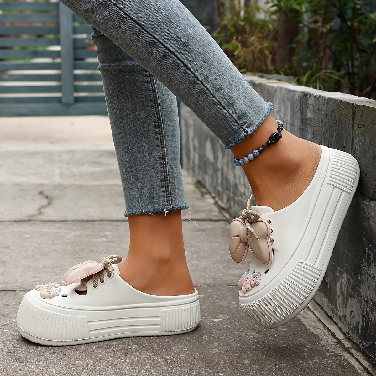 Women's EVA Mules with Bow Detail Casual Beach Slide Sandals White Pink