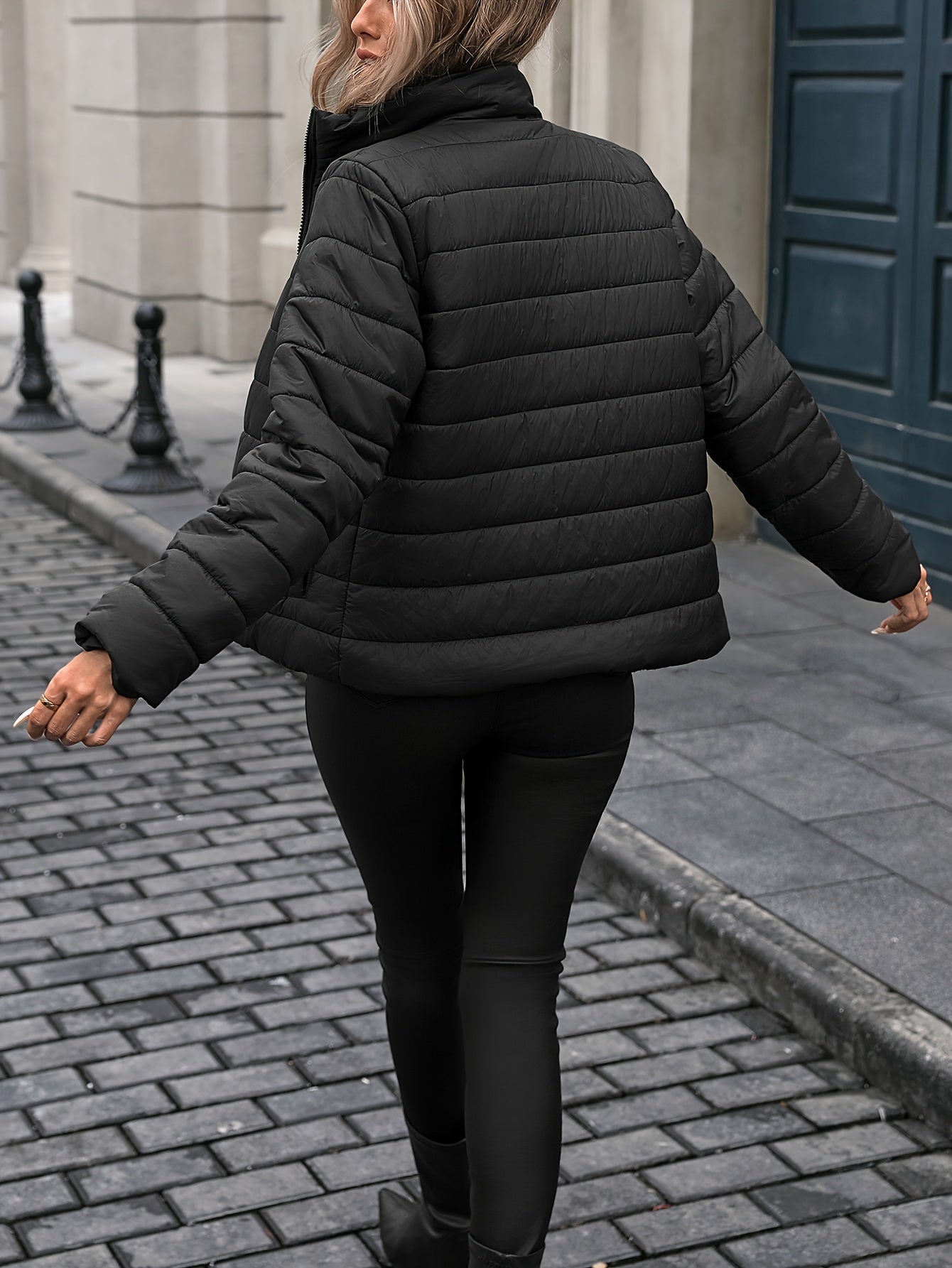 Women's Solid Color Nylon Warm Jacket with Long Sleeves and Zipper