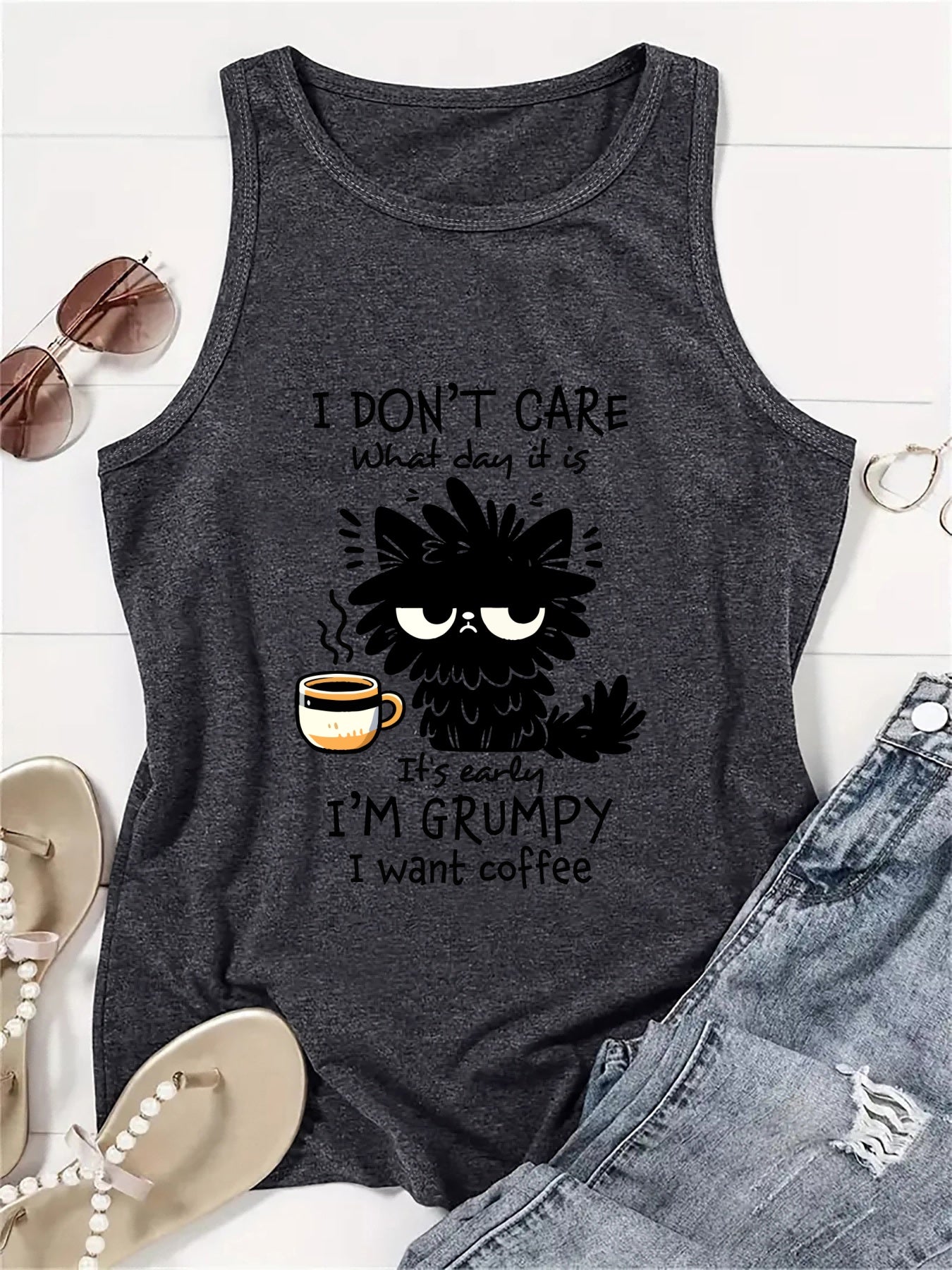 Plus Size Women's Black Cat Graphic Tank Top Breathable Sleeveless Shirt