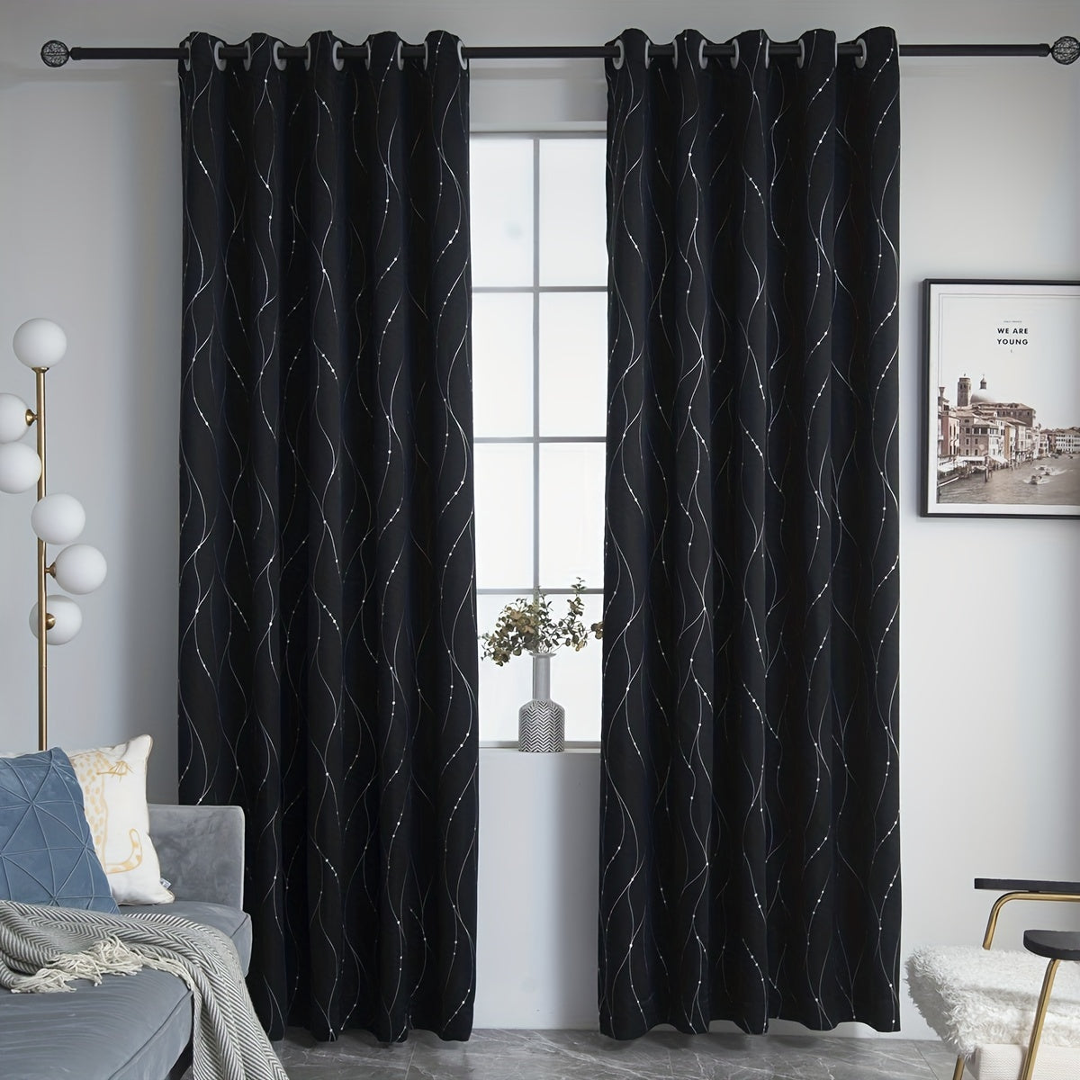 Blackout Curtain Elegant Silvery Wave Line Pattern Blackout Curtain for Living Room Bedroom Kitchen Bathroom