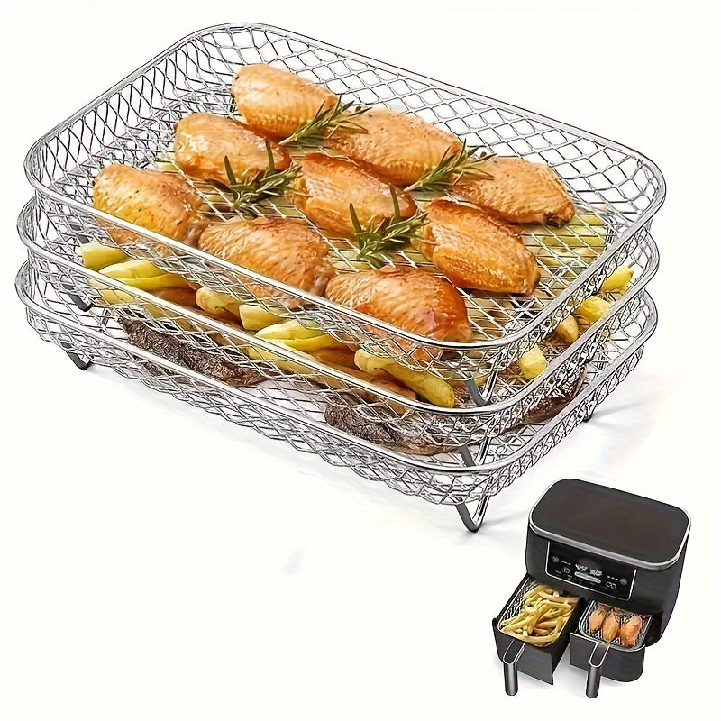 Stainless Steel 3-Tier Air Fryer Rack for Dual Zone Air Fryers with Removable Trays