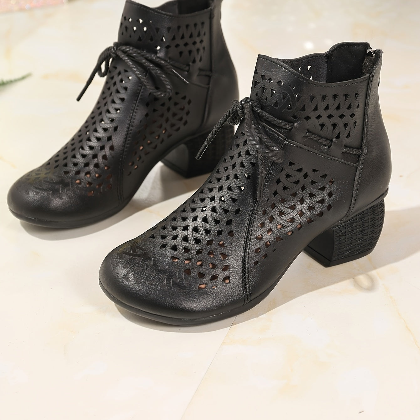 Women's Ethnic Cut-Out Ankle Boots with Bow Faux Leather Chunky Heel Black