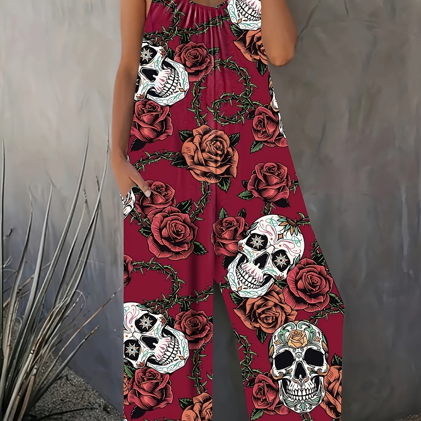 Plus Size Floral Skull Print Slip Jumpsuit Casual Sleeveless Pocket Dress