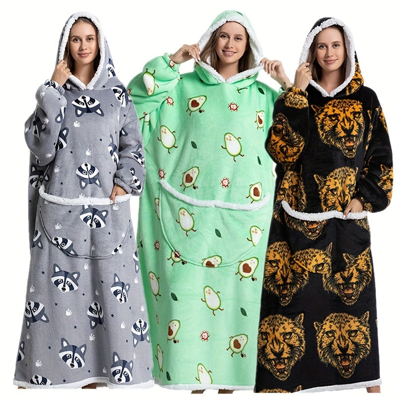 Adult Wearable Blanket Hoodie with Flannel Animal Print Oversized Cozy Knit