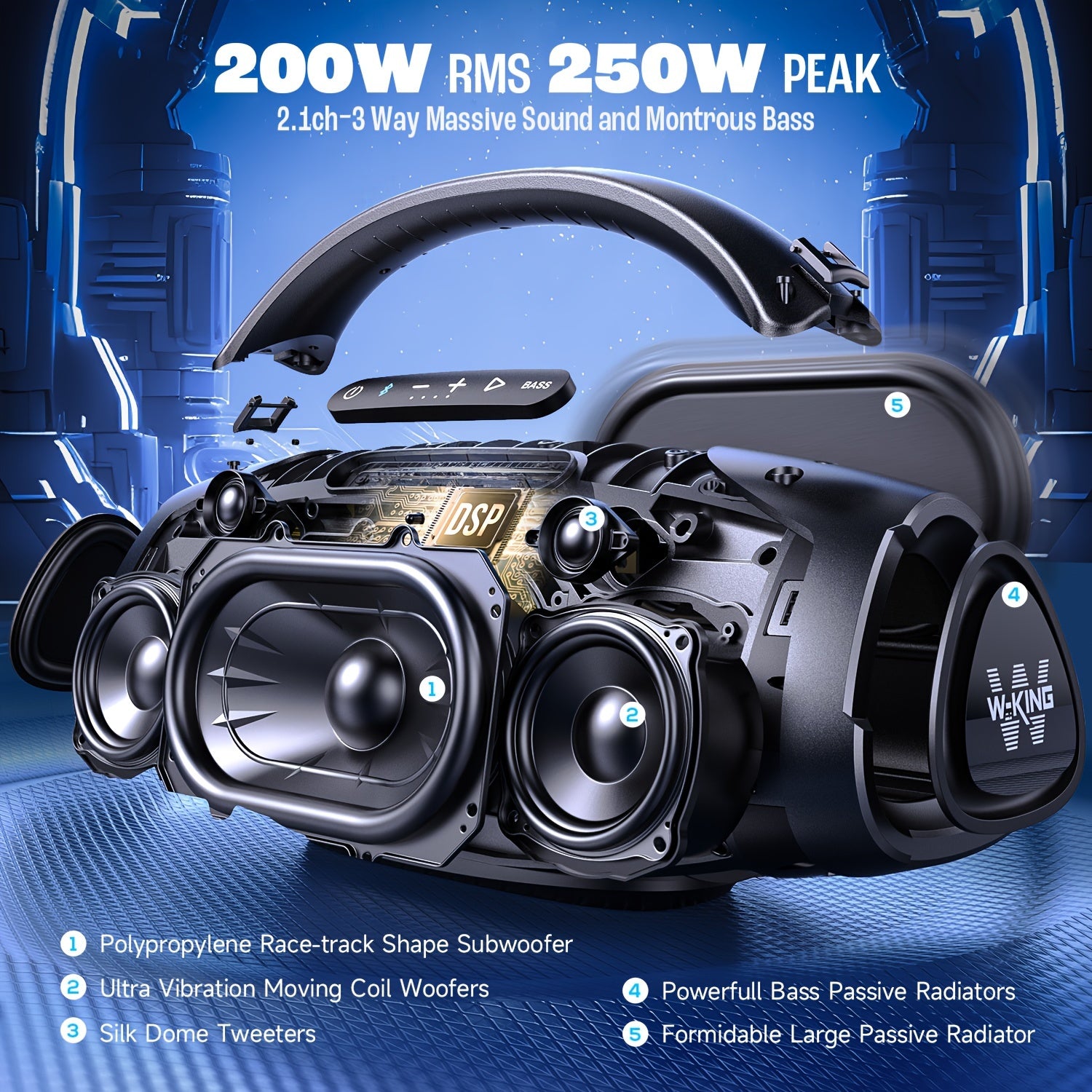 Portable Wireless Speaker 200W RMS 250W Peak Outdoor Party Speaker with Bass Boost and APP Control