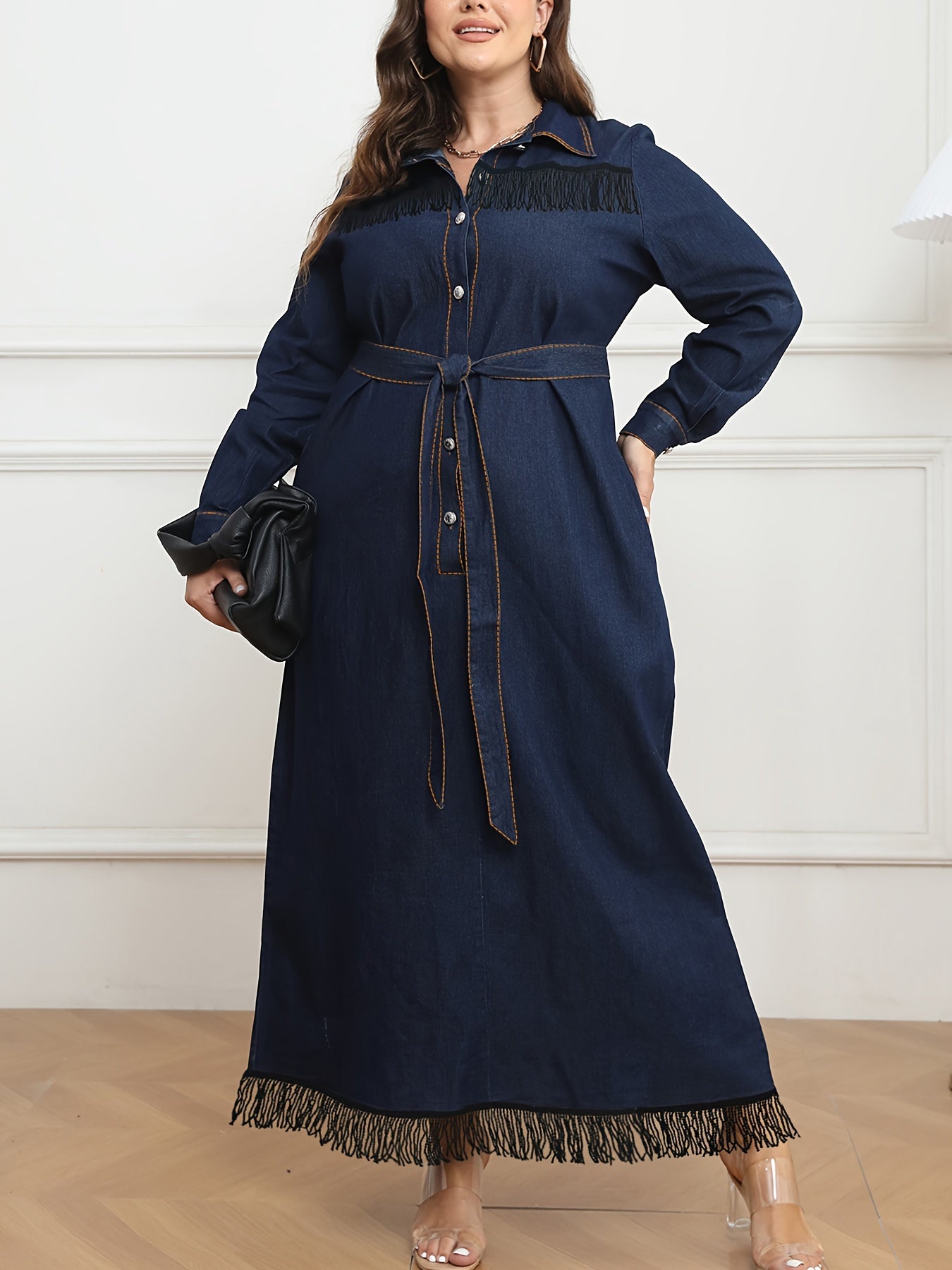Vestido de mezclilla azul marino de talla grande para mujer, con manga larga, botones, cuello de camisa, dobladillo con flecos y cinturón, casual para otoño e invierno