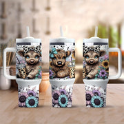 Stainless Steel Travel Mug with Handle and Straw Highland Cow Sunflower Design
