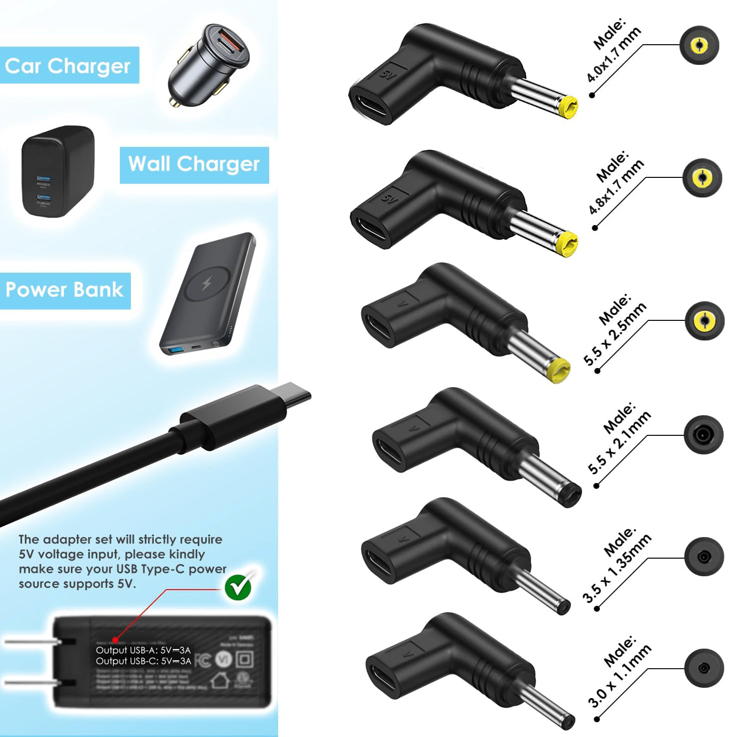 Adaptador de corriente USB-C a DC 5V para portátiles, enrutadores, bancos de energía, iluminación LED, altavoces
