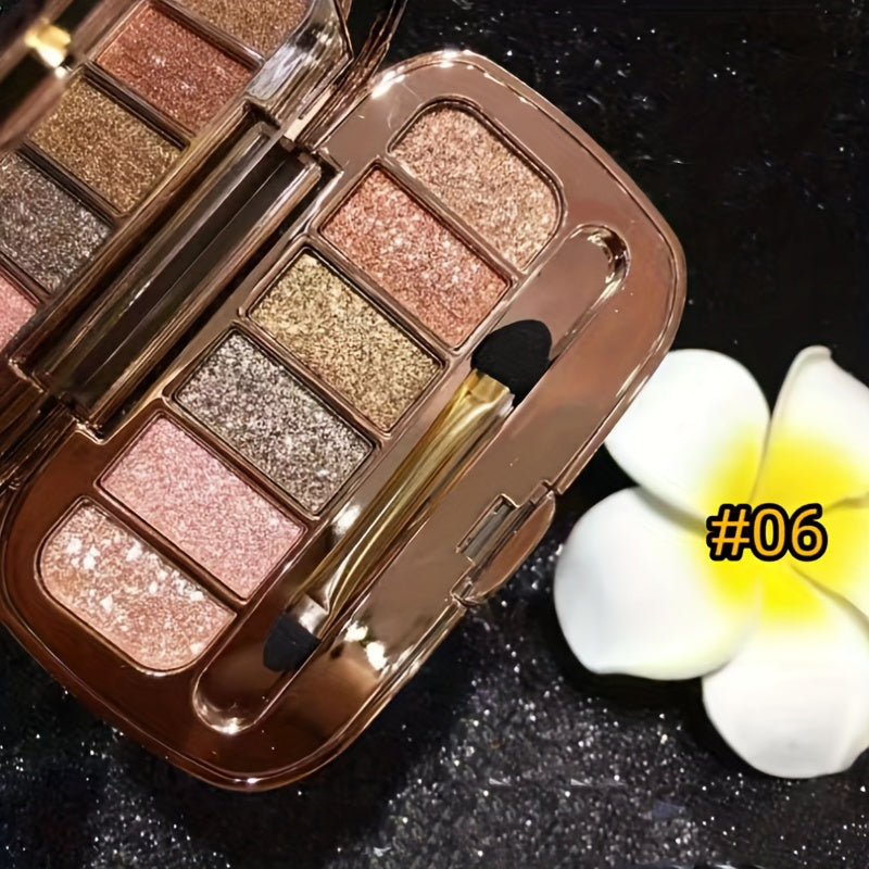 6-rangli olmos shaklidagi pearl yaltirashli ko'zoynak palitrasi, cho'tka va oynali shaffof porloq makiyaj