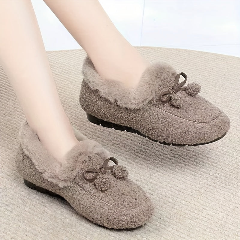 Women's Cozy Loafers Solid Color Microfiber Bow Non-Slip Rubber Sole All-Season