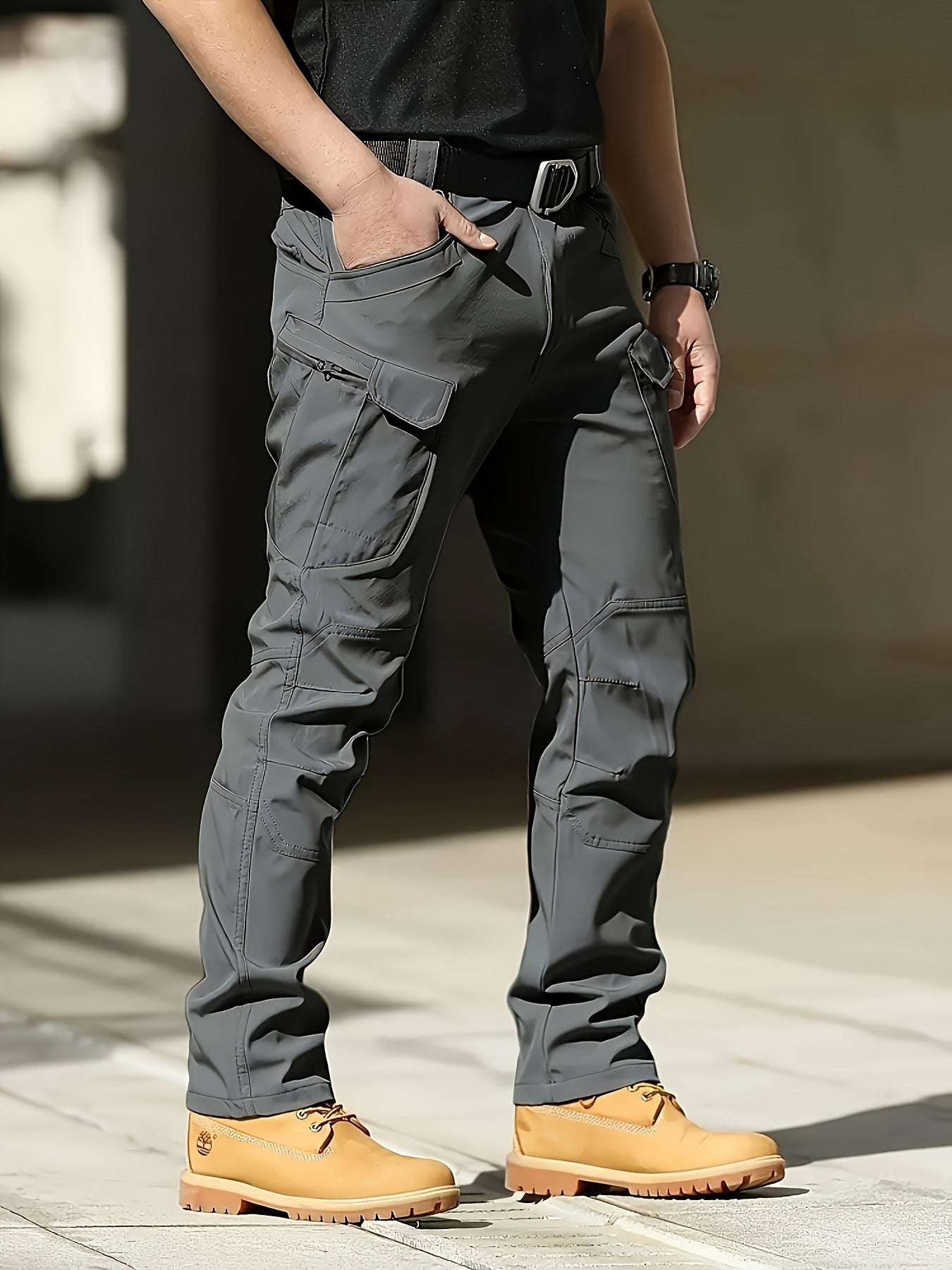 Pantalones tácticos para hombre de color gris oscuro, ligeros de poliéster, con múltiples bolsillos, para actividades al aire libre, senderismo y estilo militar