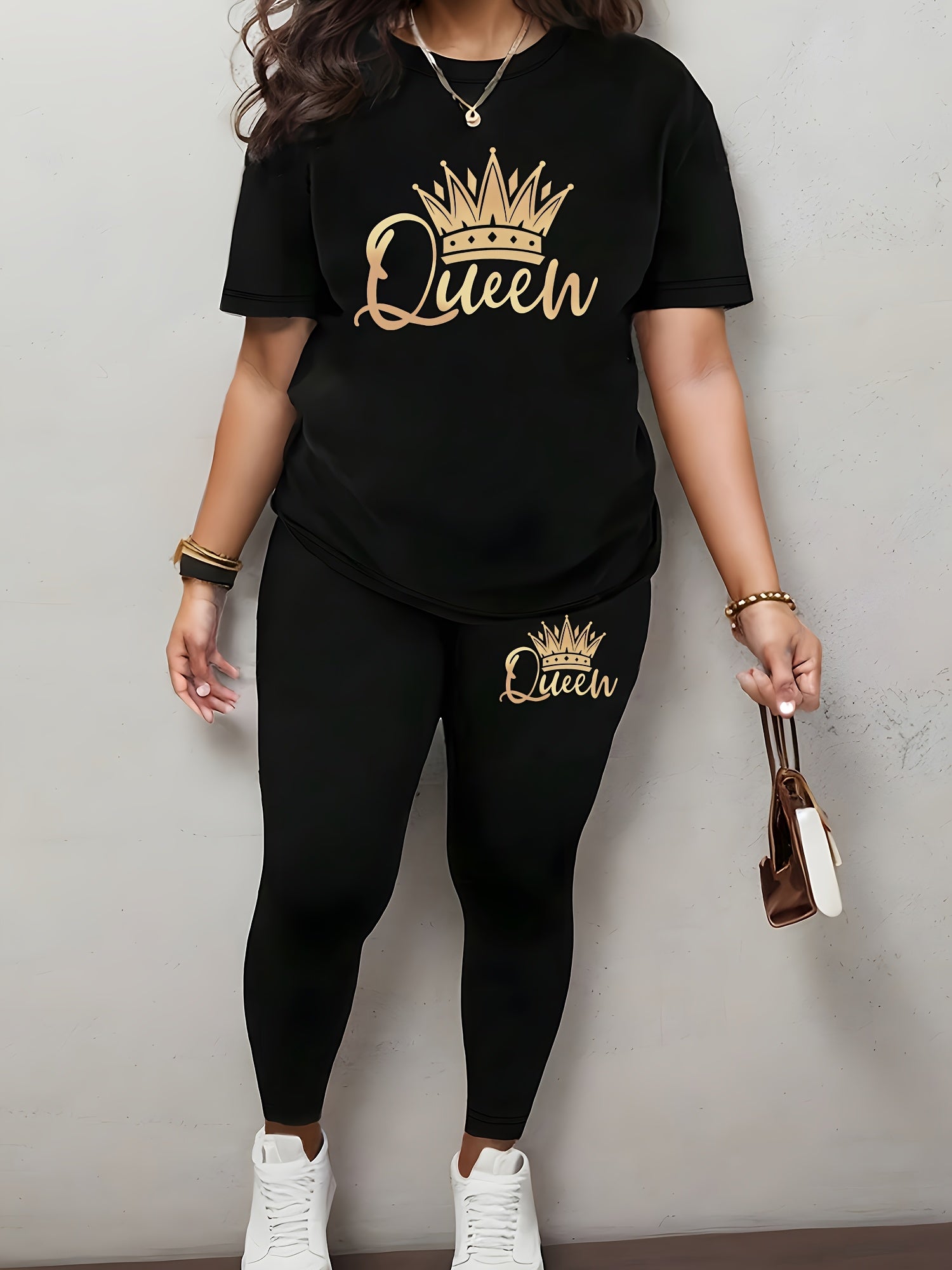 Women's Sports Short Sleeve Suit Crown Print 2pcs Set Elastic Casual