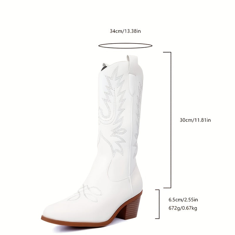 Женские белые вышитые западные ковбойские сапоги без шнурков с заостренным носком и массивным каблуком