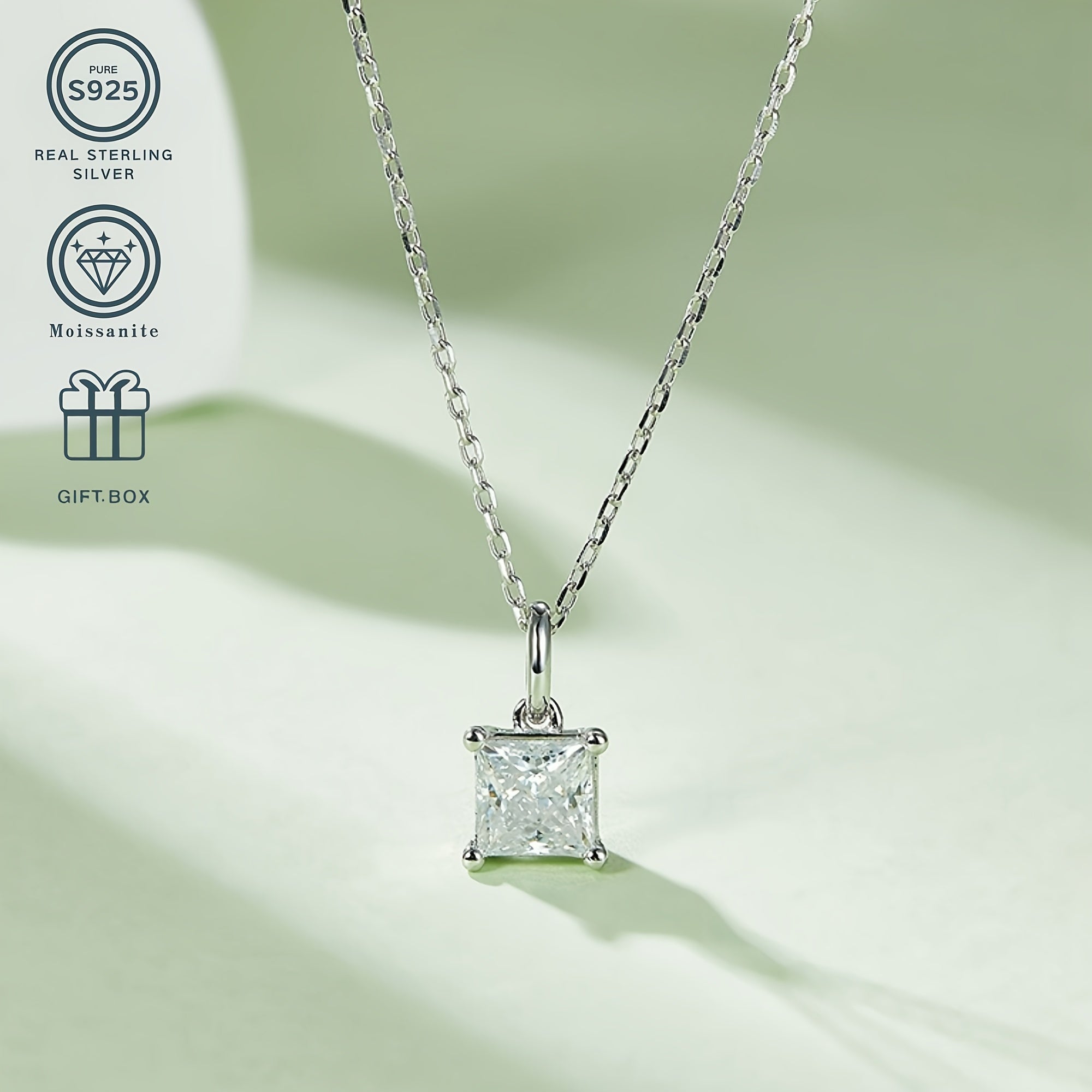 Sterling Silver Moissanite Jewelry Set Square Pendant Stud Earrings Wedding Birthday Gift