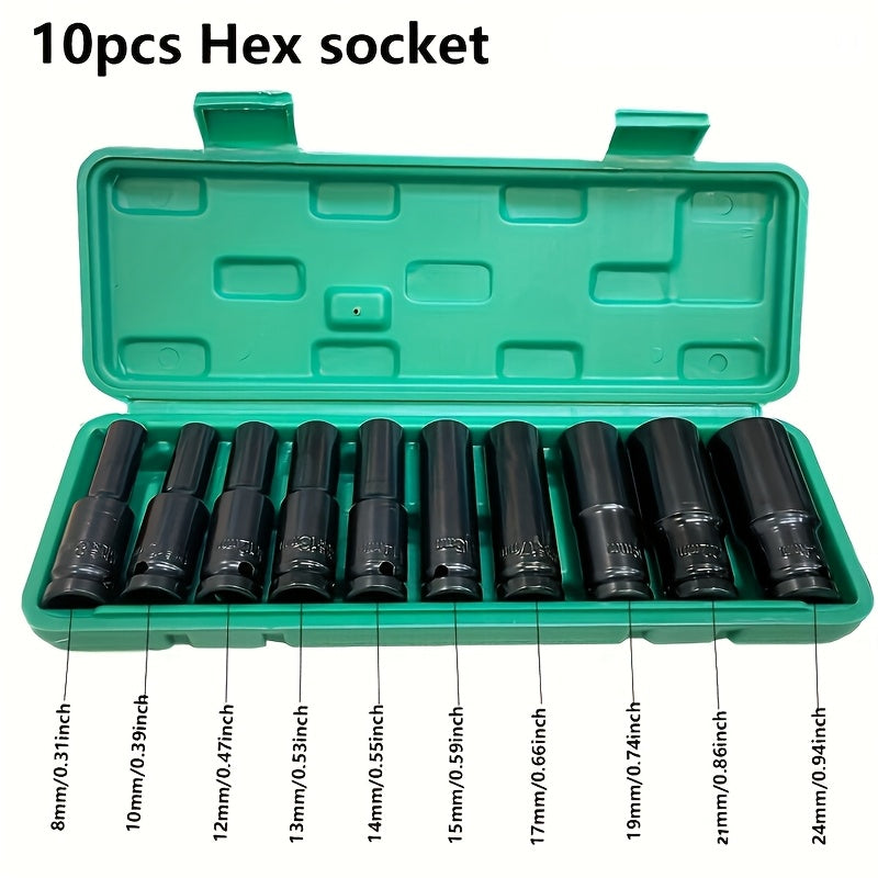 10 Pieces Deep Drive Impact Wrench Socket Set 1/2 Inch 8-24 Mm Carbon Steel