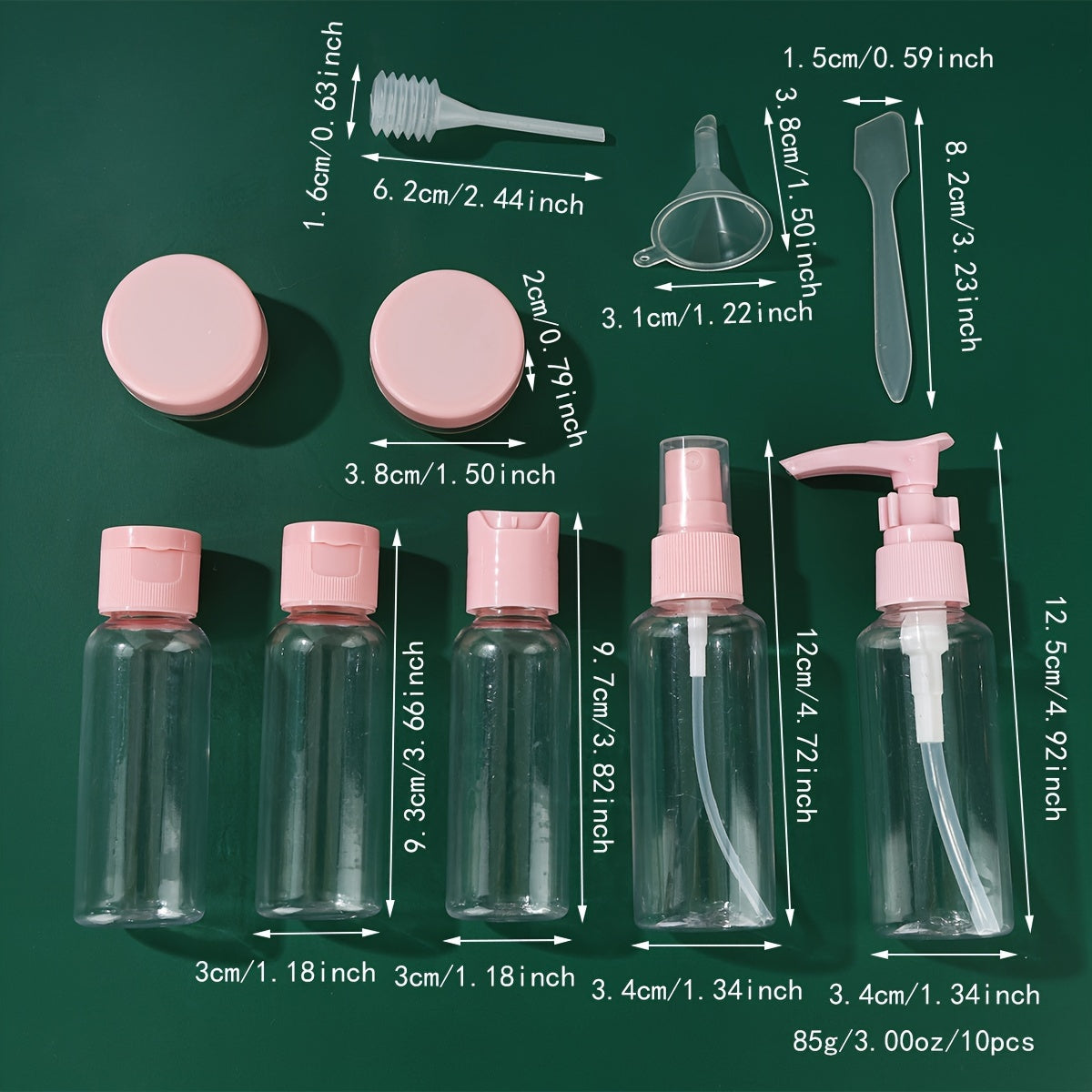 Juego de botellas recargables de tamaño de viaje con 10 botellas de plástico vacías para artículos de aseo y accesorios